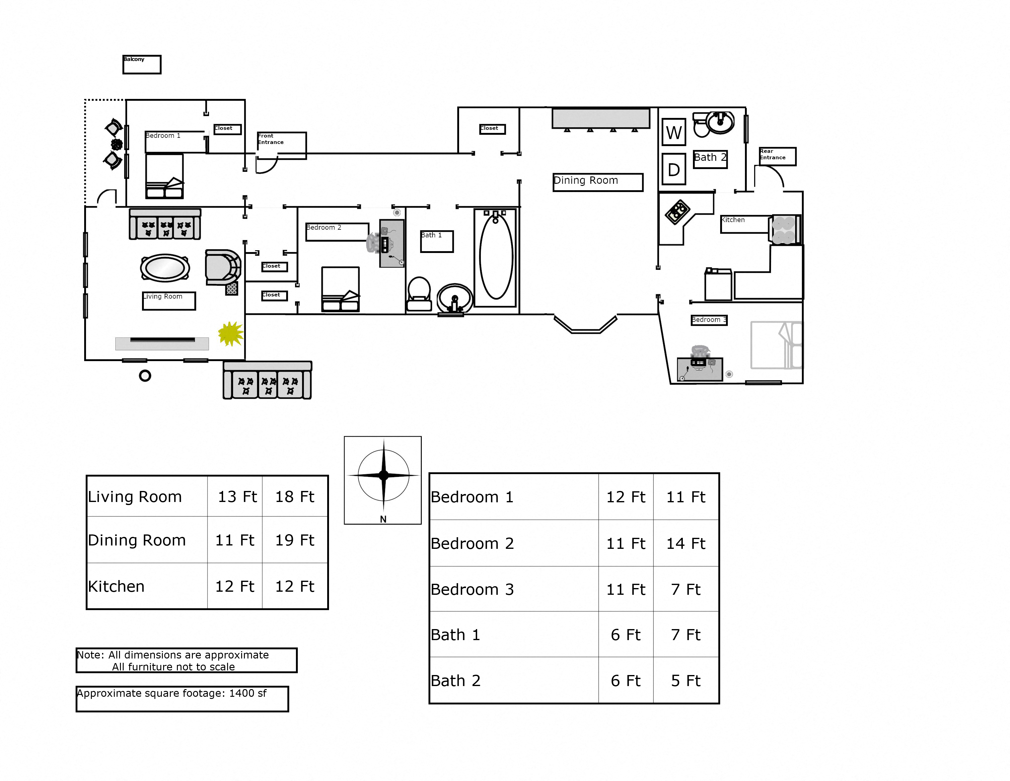 Floor plan for 3 beds, 1.5 baths